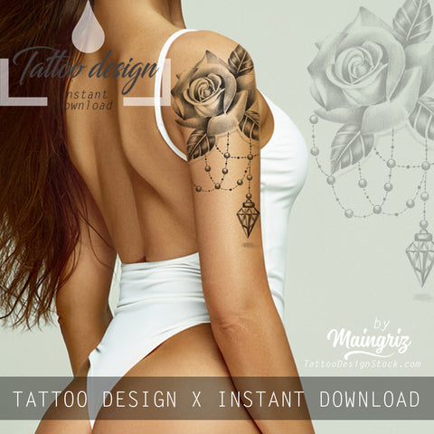 Realistic rose with diamond and lace  tattoo design high resolution download