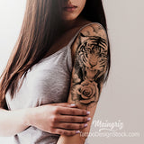 realistic tiger and roses sleeve tattoo design references created by tattoo artist
