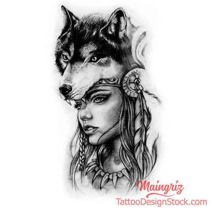 Native american woman with wolf tattoo design 