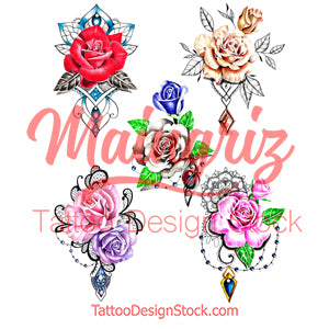 5 x Realistic roses with precious stone  tattoo design high resolution download