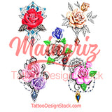 5 x Realistic roses with precious stone  tattoo design high resolution download