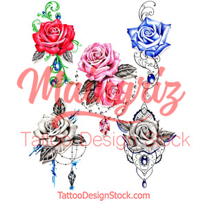 5 x sexy realistic roses with precious stone  tattoo design high resolution download