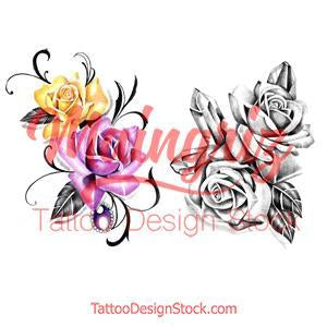 2 x Realistic roses with precious stone  tattoo design high resolution download