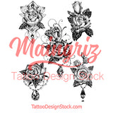 5 x Realistic roses with precious stone  tattoo design high resolution download