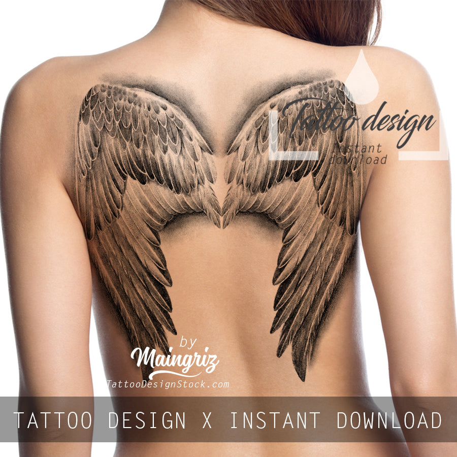 realistic angel wings tattoo idea, line ...