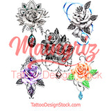 5 x sexy realistic roses with precious stone  tattoo design high resolution download
