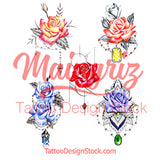 5 x precious stone with realistic rose  tattoo design high resolution download