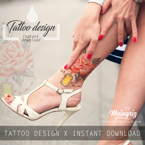 5 x precious stone with realistic rose  tattoo design high resolution download