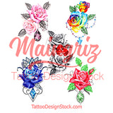 5 x Realistic sexy roses with precious stone  tattoo design high resolution download