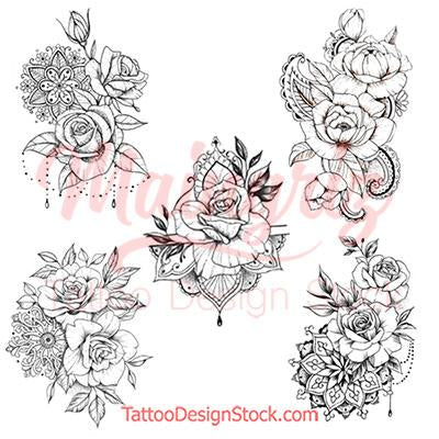 5 Oriental roses with pearls and mandala tattoo design instant download