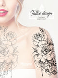 5 Oriental roses with pearls and mandala tattoo design instant download