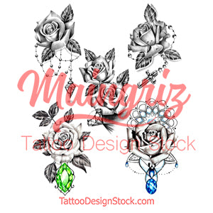 5 x Realistic roses with precious stone  tattoo design high resolution download