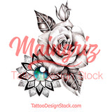 Realistic rose and precious stone and mandala  tattoo design high resolution download