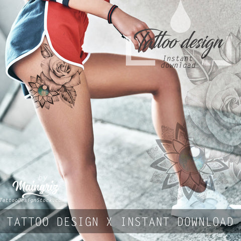 Realistic rose and precious stone and mandala  tattoo design high resolution download