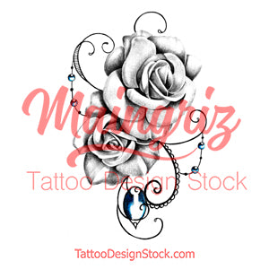 Two realistic roses and precious stone tattoo design high resolution download