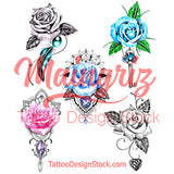 5 x sexy precious stone with realistic roses  tattoo design high resolution download