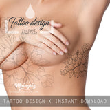 5 x peony linework sideboob tattoo design high resolution download