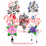 5 x precious stone with sexy realistic roses  tattoo design high resolution download
