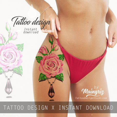 5 x precious stone with sexy realistic roses  tattoo design high resolution download