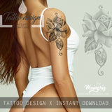 5 x precious stone with sexy realistic roses  tattoo design high resolution download