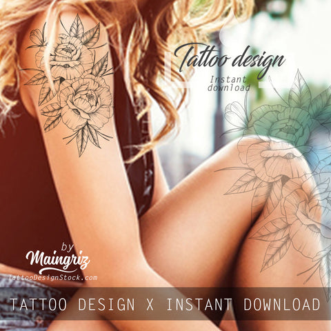 5 x Peony linework sideboob - tattoo design download