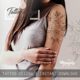 Half sleeve peony linework tattoo design high resolution download