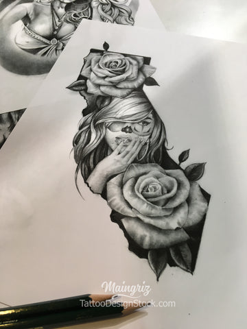 Clown girl california with rose tattoo design references
