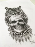 original owl and skull tattoo in black and grey style in instant download 