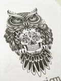 original owl and skull tattoo in black and grey style in instant download 