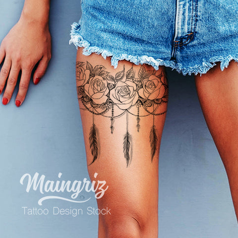 lace garter with rose and feathers tattoo design