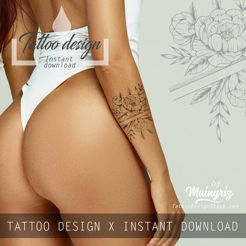 Sexy peony linework forearm tattoo design high resolution download