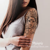 Lion flowers line work tattoo design high resolution download