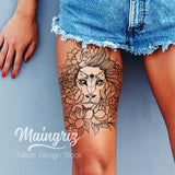 Lion flowers line work tattoo design high resolution download