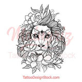 Lion flowers line work tattoo design high resolution download