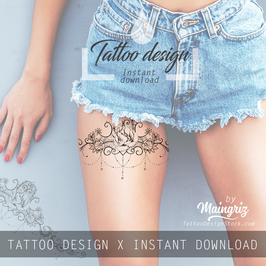 Peony and lace garter tattoo design digital download