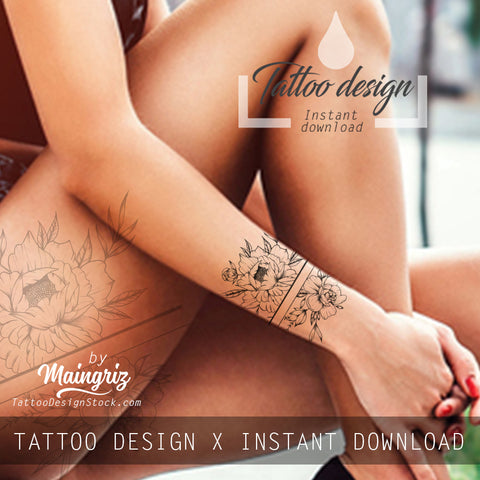 Sexy peony linework forearm tattoo design high resolution download