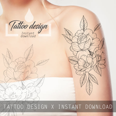 Peony linework half sleeve tattoo high resolution download