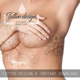 Peony linework sideboob tattoo design high resolution download