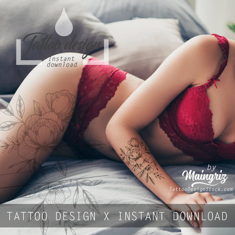 Sexy peony linework forearm tattoo design high resolution download