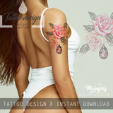 Precious stone with sexy realistic rose  tattoo design high resolution download