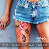 Precious stone with sexy realistic rose  tattoo design high resolution download