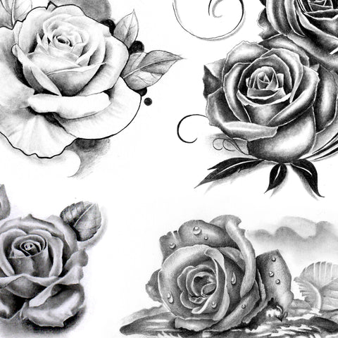 5 realistic roses of tattoo designs in black and grey style.