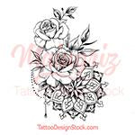 5 Oriental roses with pearls and mandala tattoo design instant download
