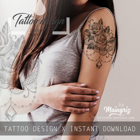 Realistic precious stone and rose with rose tattoo design high resolution download