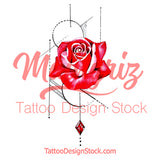 Realistic red rose and precious stone  tattoo design high resolution download