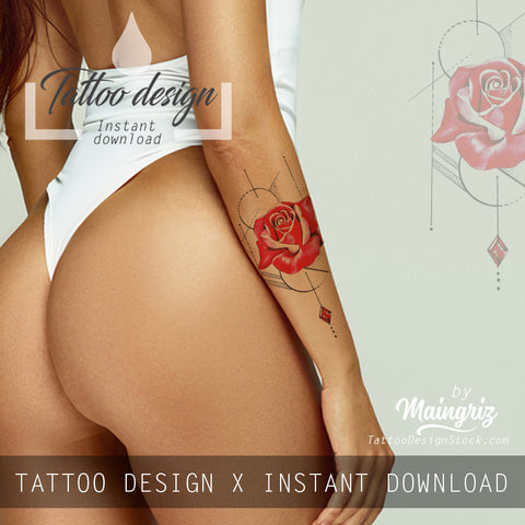 Realistic red rose and precious stone  tattoo design high resolution download