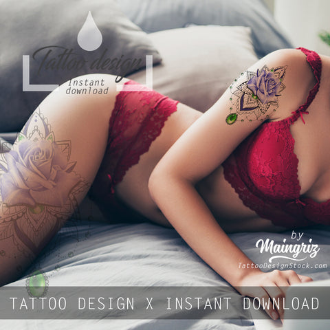 Realistic rose with precious stone tattoo design high resolution download