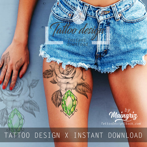 Realistic rose with emerald tattoo design high resolution download