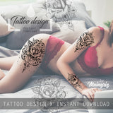 3 x Realistic rose with mandala  tattoo design high resolution download