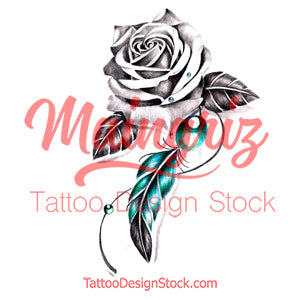Realistic rose and precious stone with feather tattoo design high resolution download